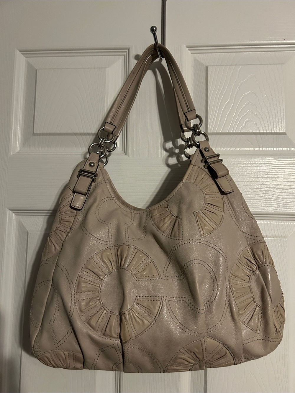 Coach Beige Leather Shoulder Bag with Circular Stitch Detail
